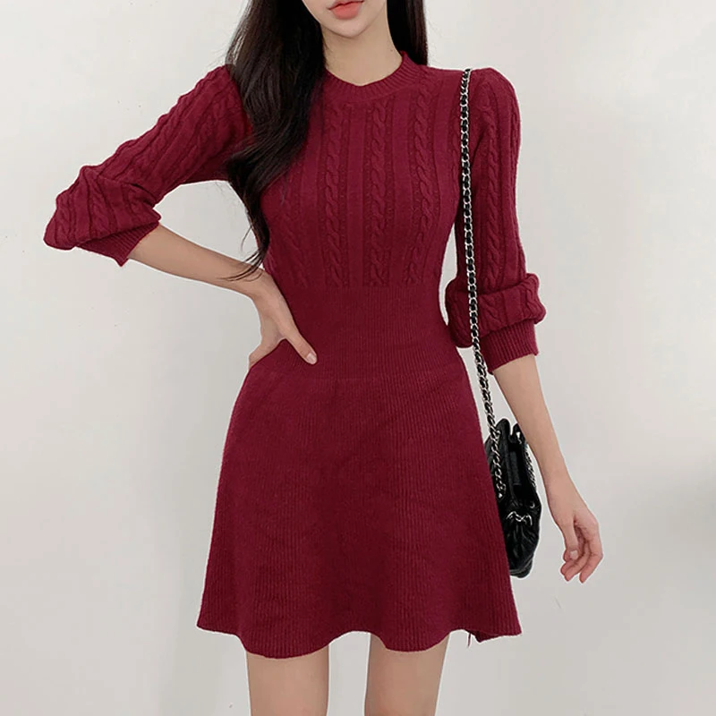 

Цельнокроеное Мини-Платье трапециевидного силуэта, женское вязаное платье для осени и зимы, новинка 2022, корейское шикарное платье-свитер с ...