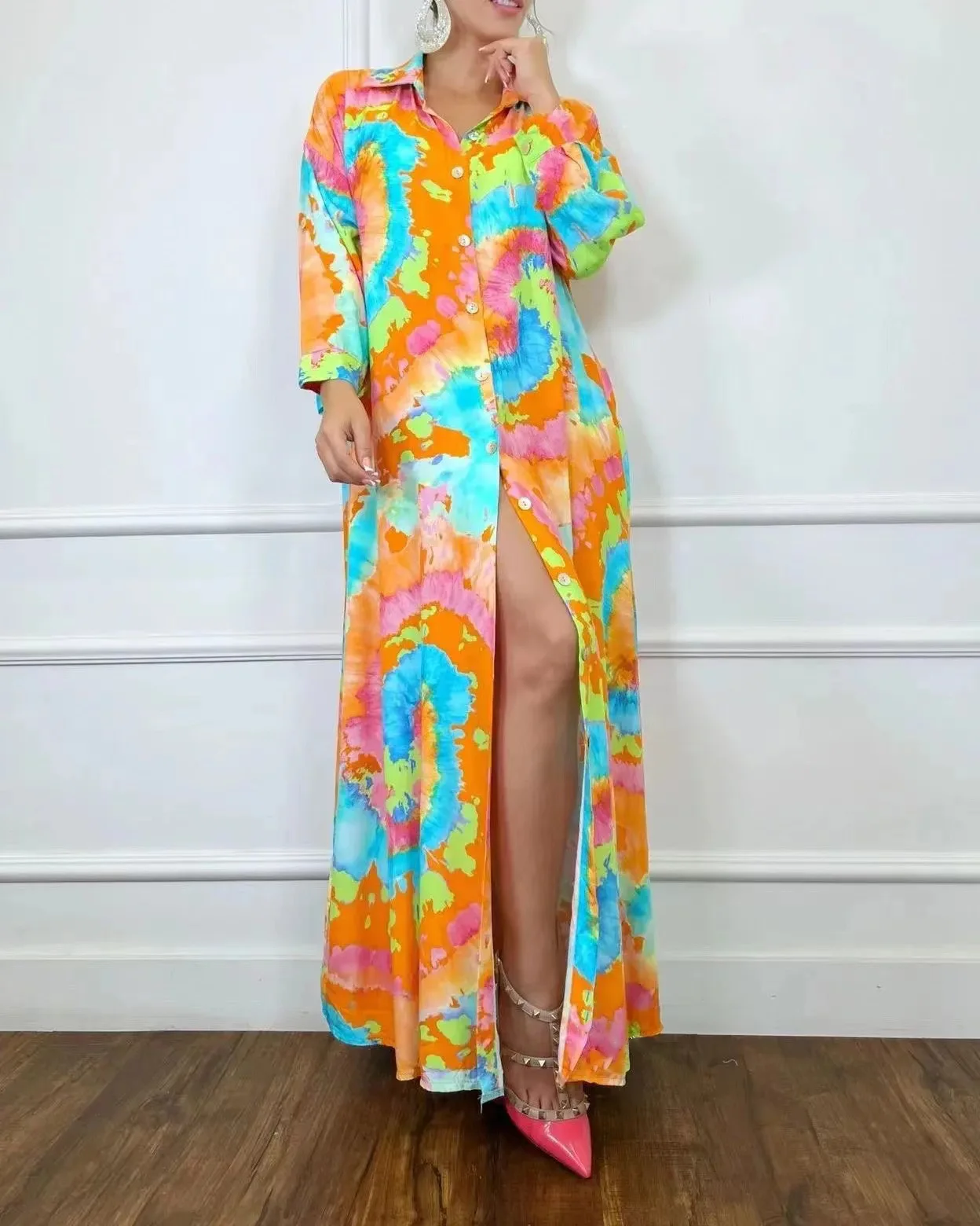 

Autumn Long Dress Long Sleeve Shirt Dress Plus Size Women Button Shirt Print Dress Casual Loose Dresses 2022