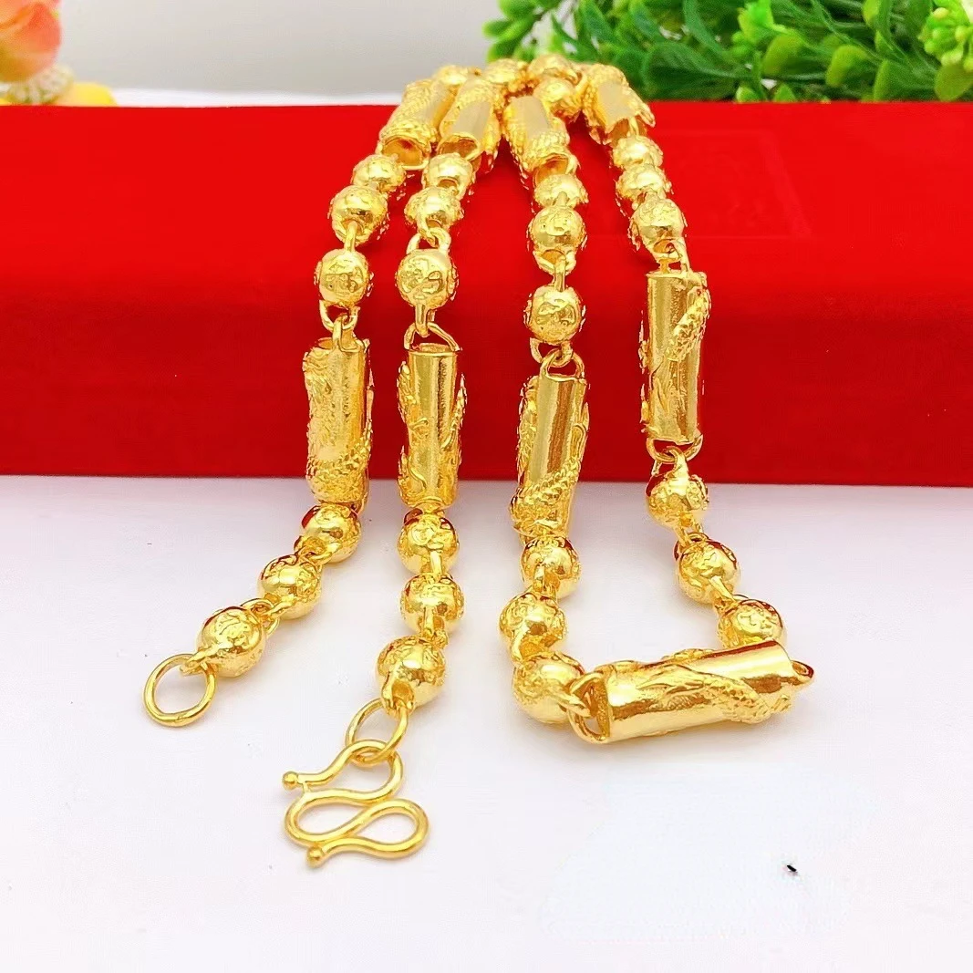 

Pure Gold Color Necklace for Men Jewelry 60CM Dragon Pillar Real 24k Coating Dubai Gold Neck Chain Collares Fine Birthday Gifts