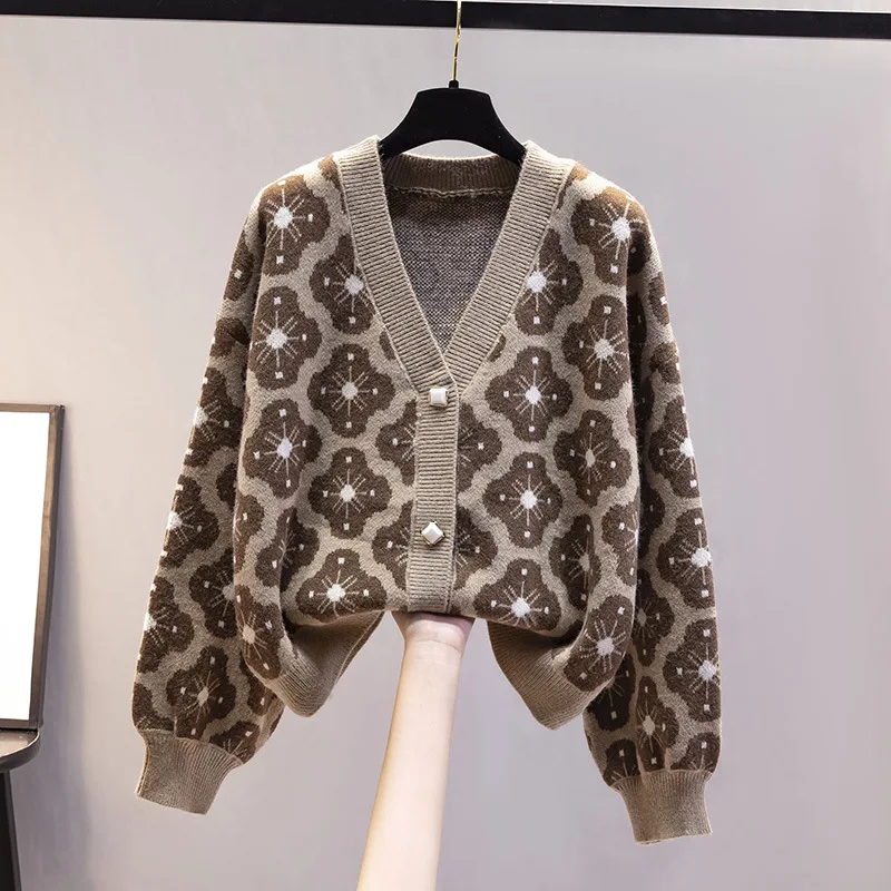 

Knit sweater top women cardigan 2022 autumn new V-neck sweater women retro loose long-sleeved casual cardigans sweater coat