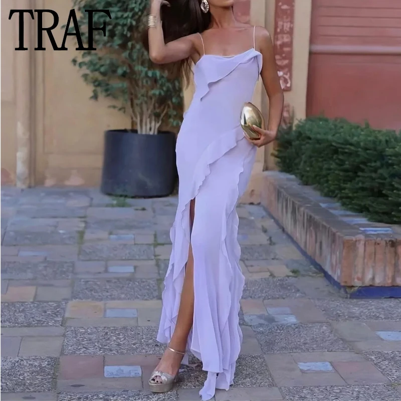 

TRAF Ruffle Long Dress Women Violet Fairy Slip Maxi Dress Woman Sexy Backless Party Dresses for Women Straps Summer Female Dress