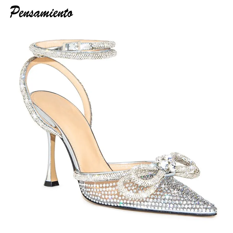 

Brand Bling Bling Rhinestones Double bowknot Women Pumps Sexy Ankle Strap Thin High heels Mules Summer Wedding Bridal Shoes