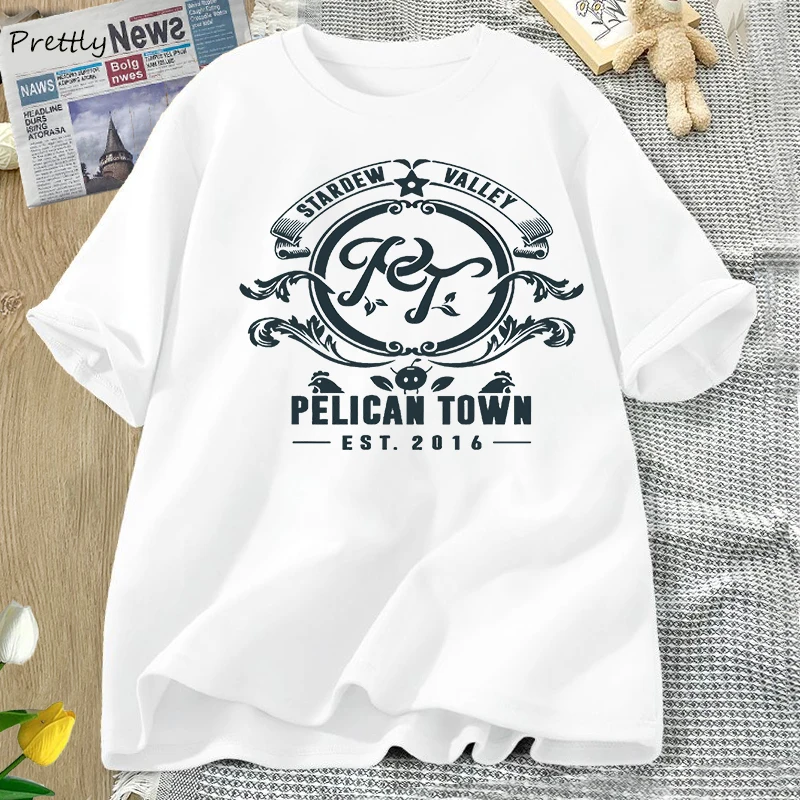 

Винтажные футболки Stardew Valley, футболки с графическим рисунком в стиле колледжа, Pelican Town, серия игры, хлопковые футболки унисекс в стиле Харадзюку с коротким рукавом