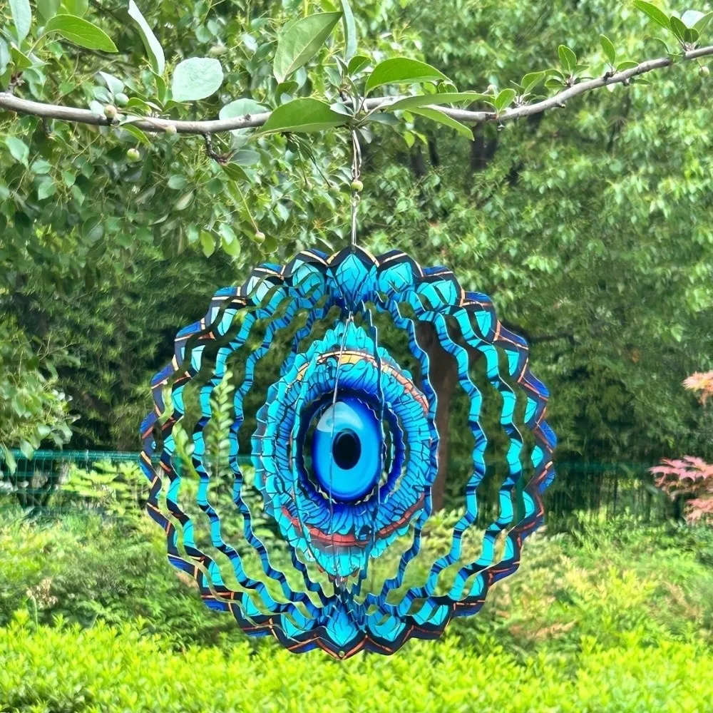 Фото Креативный металлический ветряной спиннер-мандала с синим глазом, 3D-подвеска, декоративный ветряной колокольчик для дома №2