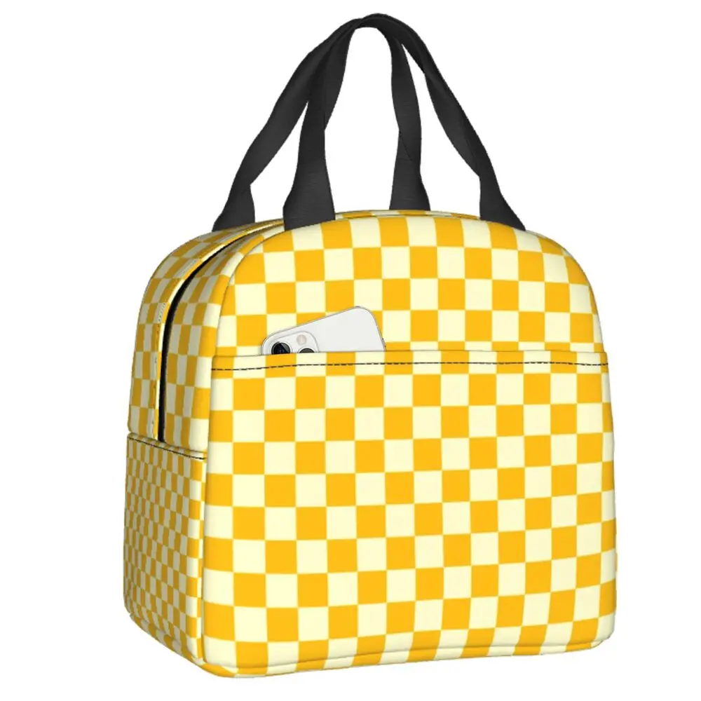 

Кремово-желтая изолированная сумка-тоут для ланча в шахматную клетку для женщин, многоразовый термоохладитель с геометрическим рисунком, школьный Ланч-бокс для еды