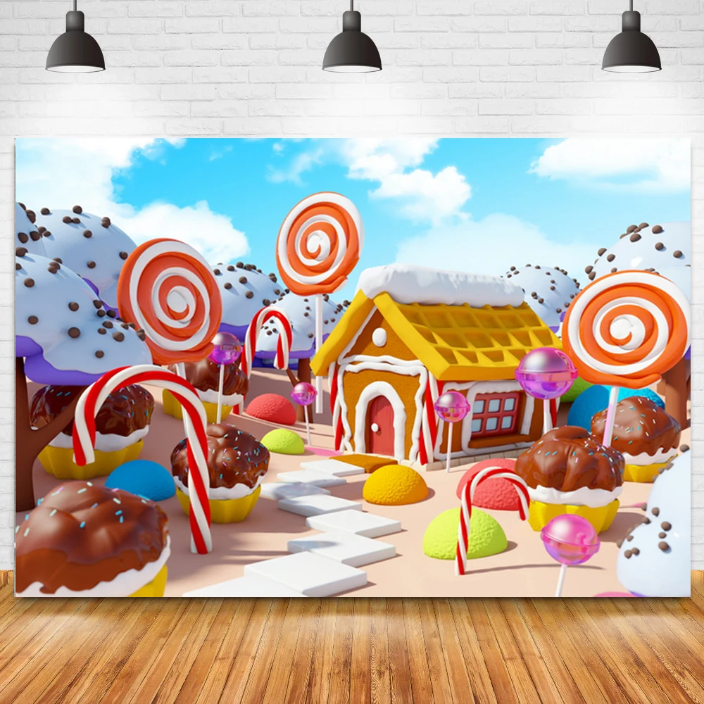 

Children Candy Houses Newborn Baby Shower Photo Background Colorful Lollipops Cake Table Decor Sweetie Party Backdrops