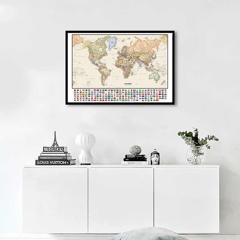 

84*59cm The World Retro Map with National Flags Vintage Non-woven Canvas Painting Retro Poster Home Decor School Supplies