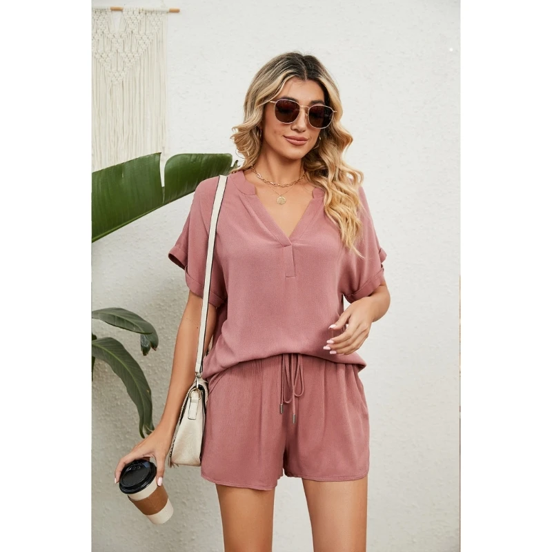 

Women Summer 2 Piece Outfits V-Neck Roll-Up Short Sleeve Pajama Top and Shorts