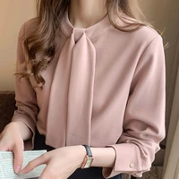 2021 spring summer women turn collar chiffon solid color t shirt female long sleeve sweet cardigan tie tops office lady workwear