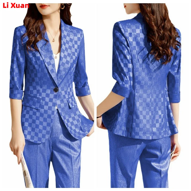 2023 Spring Suit Elegant Women Office Trousers Outfits Slim Print Plaid Casual Blazer Jackets  Pants Korean Femme 2 Piece Sets
