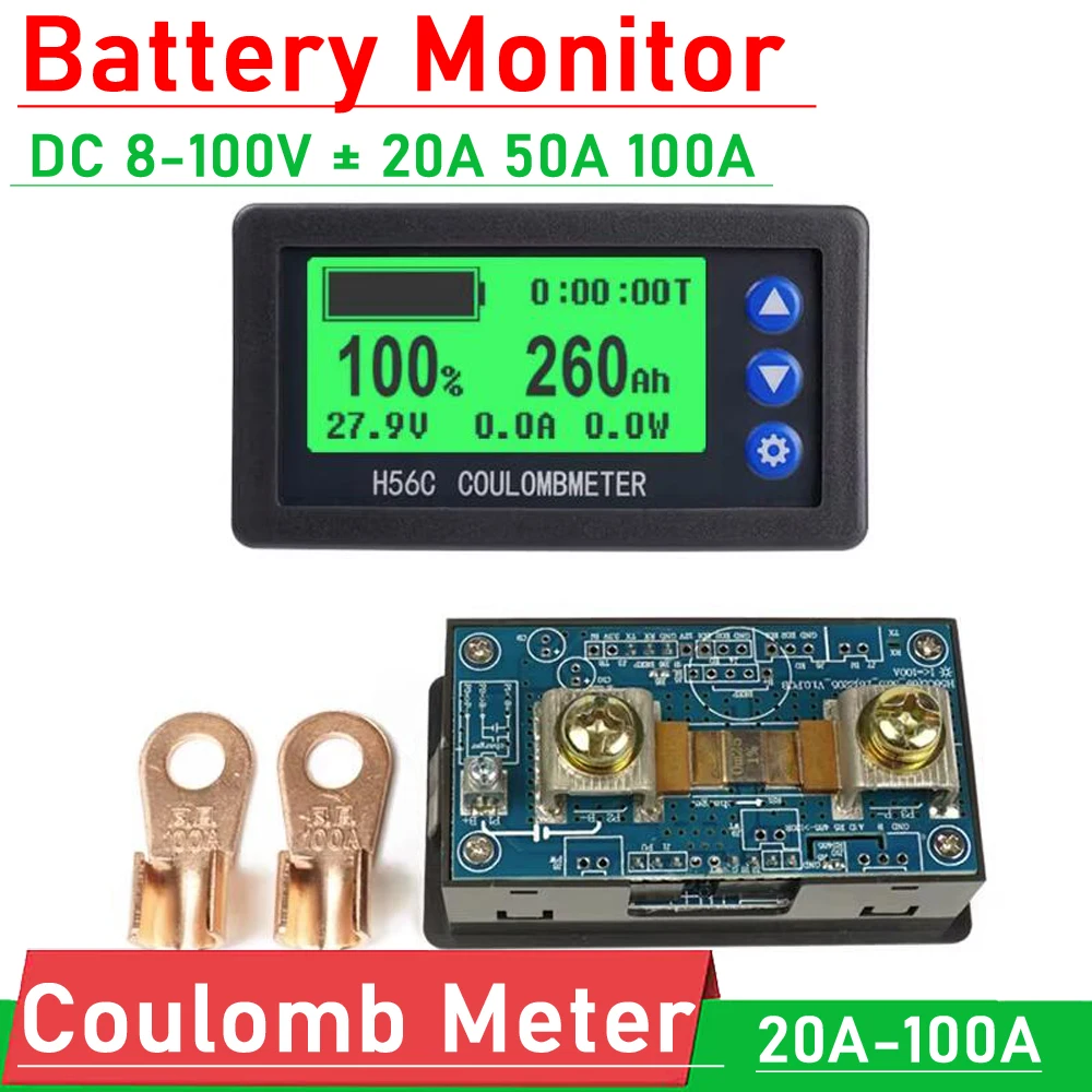 

Battery Monitor Shunt Coulomb Meter DC100V 20A 50A 100A Lifepo4 lead-acid Li-ion lithium capacity power display 12V 24V 36V 48V