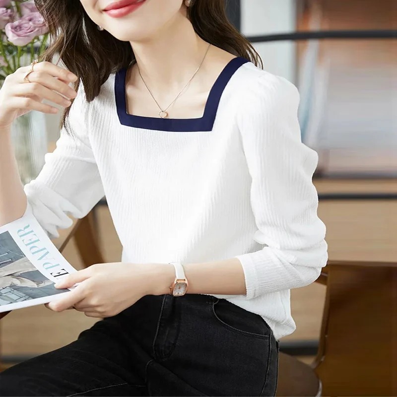 

Fashion Contrast Color Square Collar Simple Chic Top Female Spring Autumn Casual Long Sleeve White Sweet Basic T-shirts Clothing