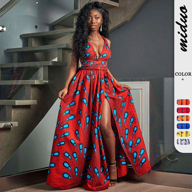 

Europe and the United States explosive feather print strap to wear African dress ethnic style women sexy slit long dress