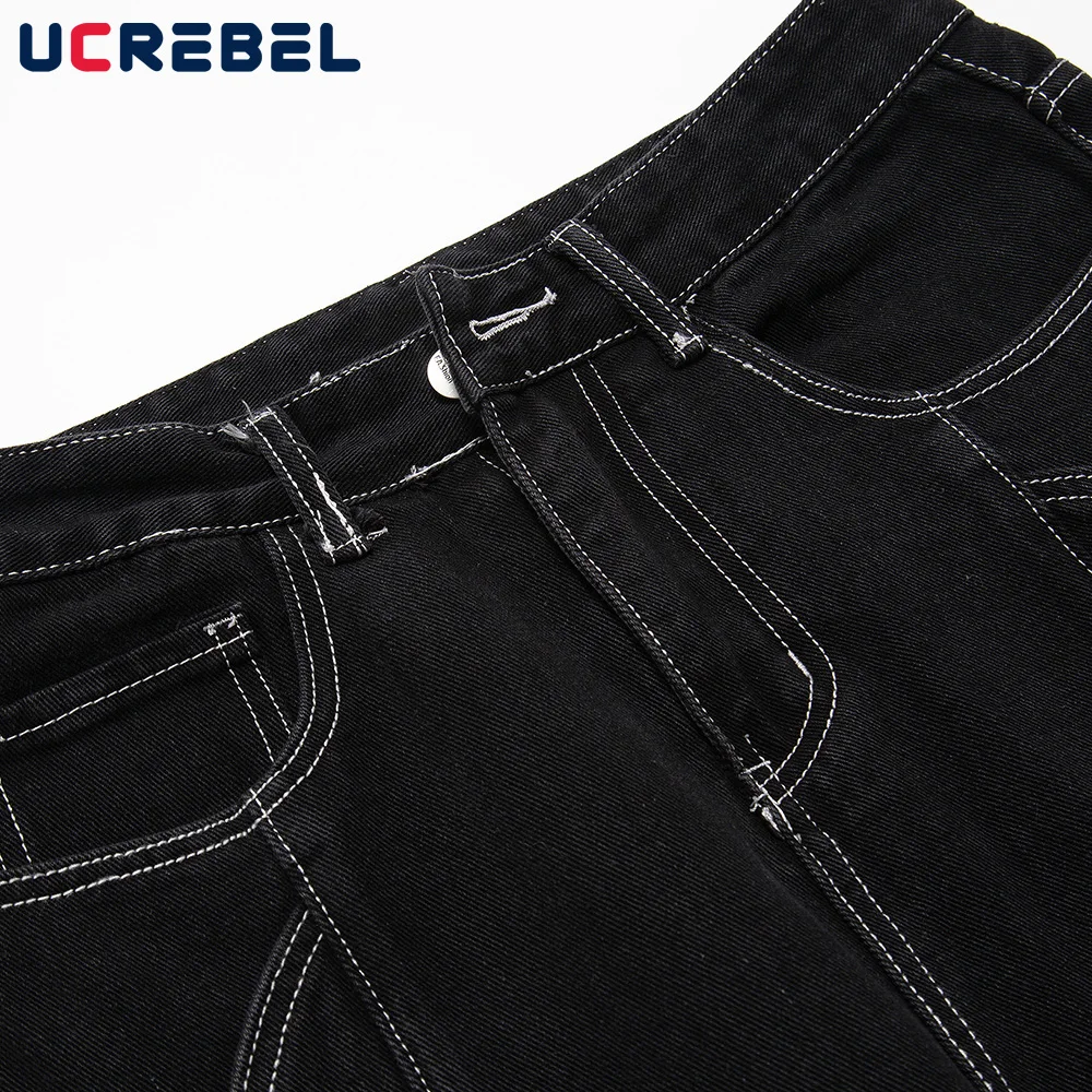 Джинсовые брюки мужские однотонные мешковатые с прострочкой прямые штаны