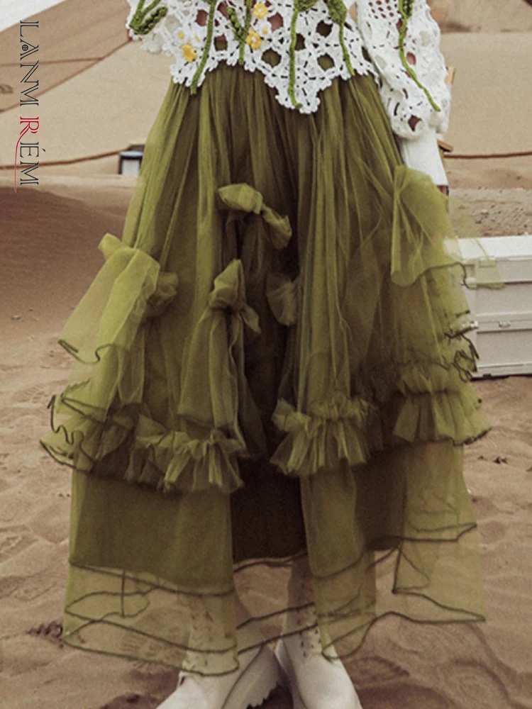 

LANMREM Fungus Design Bow Mesh Skirts For Women Solid High Waist A-line Casual Loose Vintage Clothing 2023 Spring New 2L2203