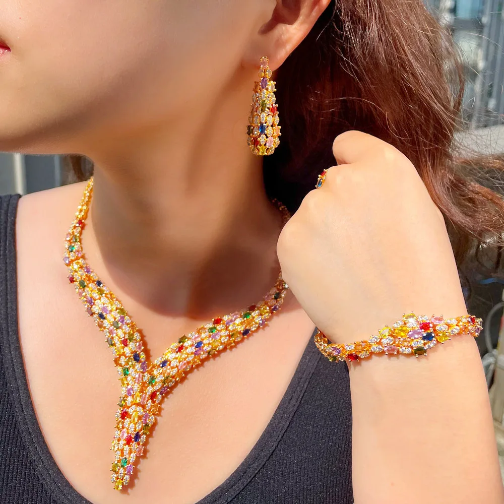 

Luxury Cubic Zircon Stone Multicolor Big Necklace Bracelet Earrings Ring Dubai Bridal Jewelry Set Luxury Wedding Accessories