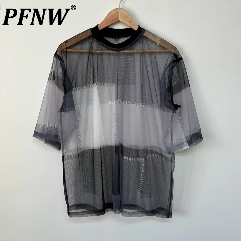 

PFNW Summer Men's Perspective Mesh Ink Letter Print Art T-shirt Tide Cool Street Thin Breathable Simple Creativity Tees 12Z1481