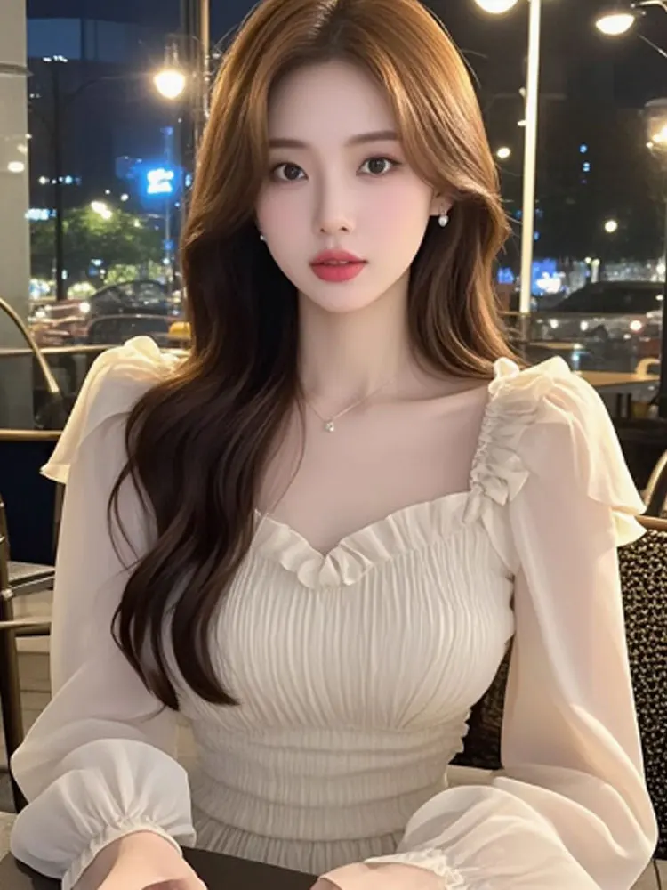 Pure Desire Sle Абрикосовые рубашки с квадратным воротником и оборками длинными