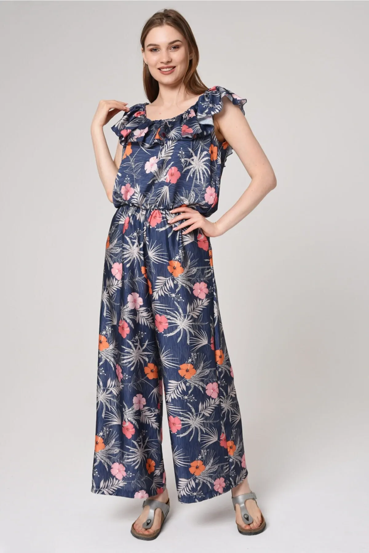 

Women's Overalls Navy Blue Combed Cotton Printed Jumpsuit Hot Casual Fashion Sleeveless Baggy Trousers Overalls