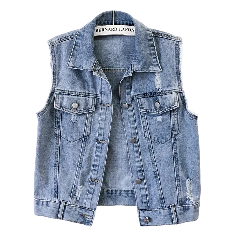 

Vintage Blue Holes Big Pocket Denim Vest Women Waistcoat Loose Casual Short Cowboy Sleeveless Jacket Letter Jeans Vests Female