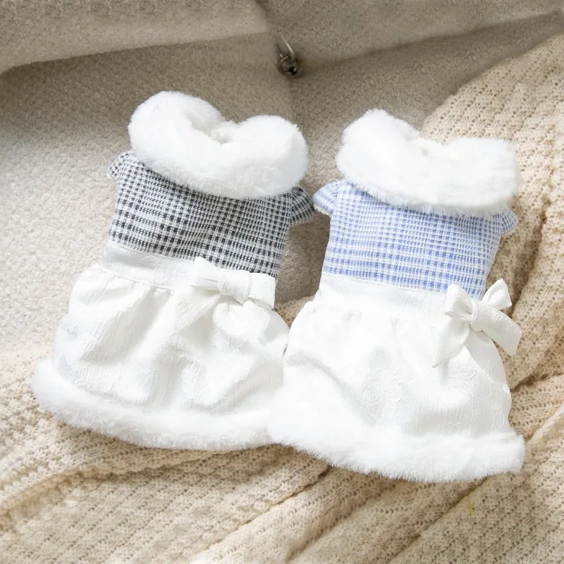 

White Fur Collar Teddy Dress Autumn and Winter Dog Warm Coat Puppy Comfortable Two Legged Clothes Plaid Pet Clothing