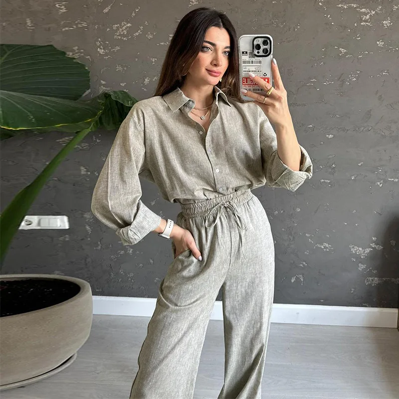 

Linen Lapel Two Pieces Set Autumn Vintage Solid Color Long Sleeve Button Shirt Blouse Women Casual Loose Straight Pants Suits
