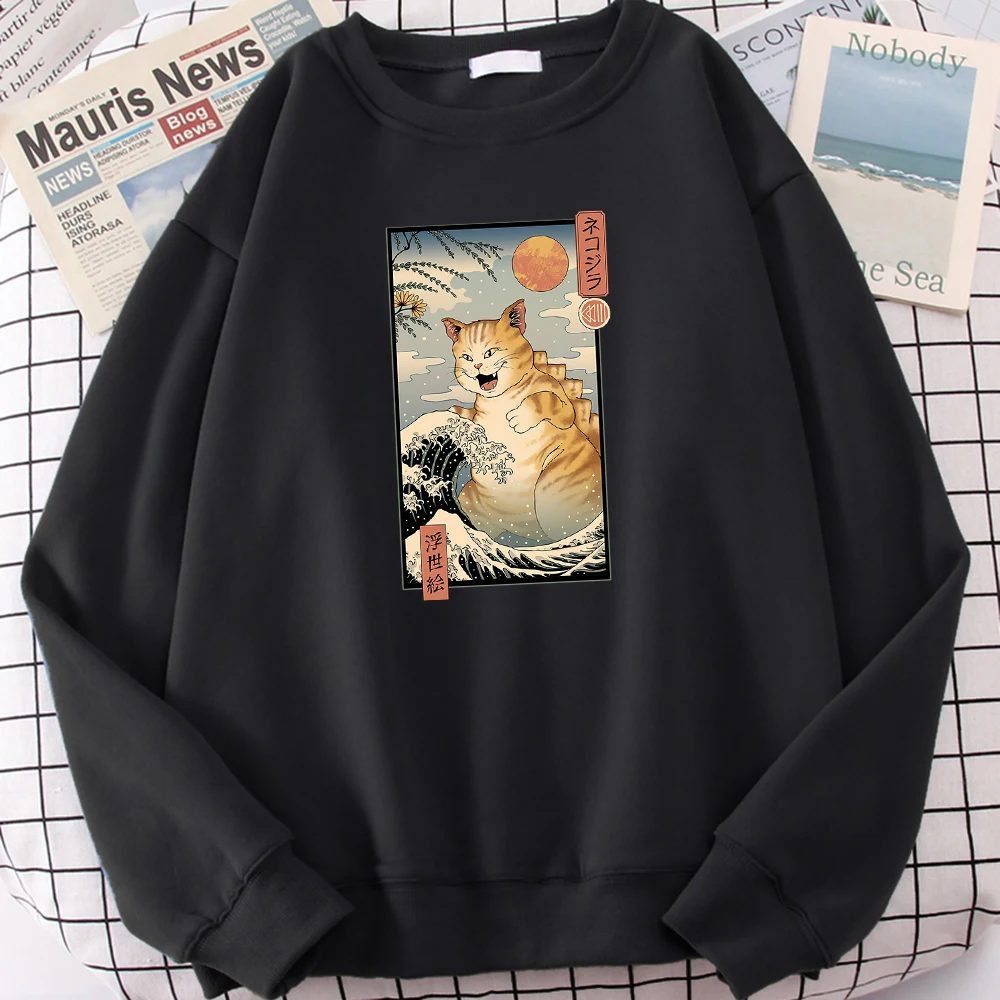 

Waves And Big Cat Ukiyo E Style Print Men's Hoody Hip Hop Soft Sweatshirt Autumn Hooded Casual Fleece Men Tops