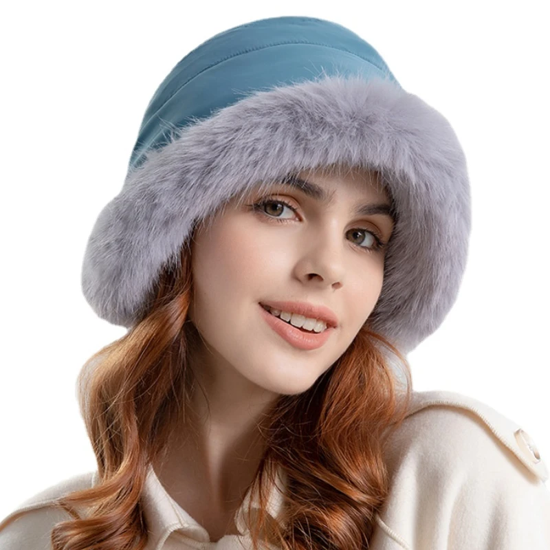 

New Winter Women's Bucket Hat Solid Color Plush Pullover Cap Bomber Hats Luxury Plush Brim Ski Snow Cap with Thick Plush Lining