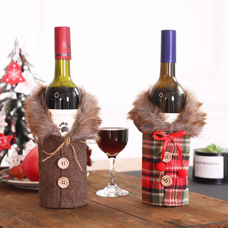 Hot button new thicken Christmas table home decor striped plaid skirt wine bottle cover