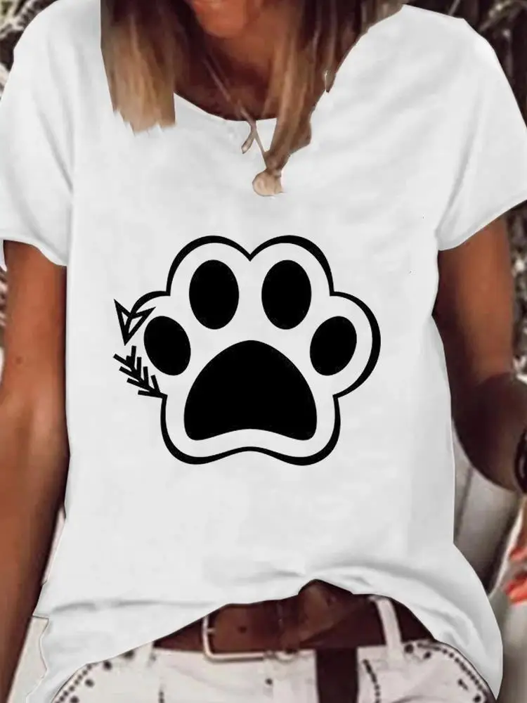 

Short Sleeve Clothes Print T Shirt Basic Tee Women Clothing Fashion Paw Sweet 90s Trend Cat Dog Graphic T-shirt Summer Top