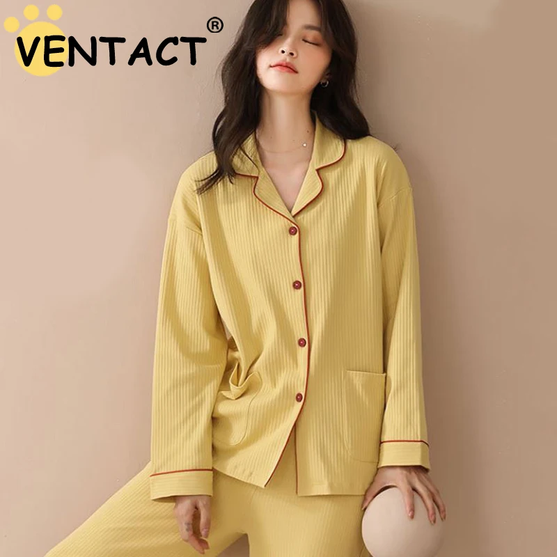

Женские пижамные костюмы VENTACT, однотонные хлопковые брюки с длинным рукавом, модная женская одежда для сна, повседневная женская одежда