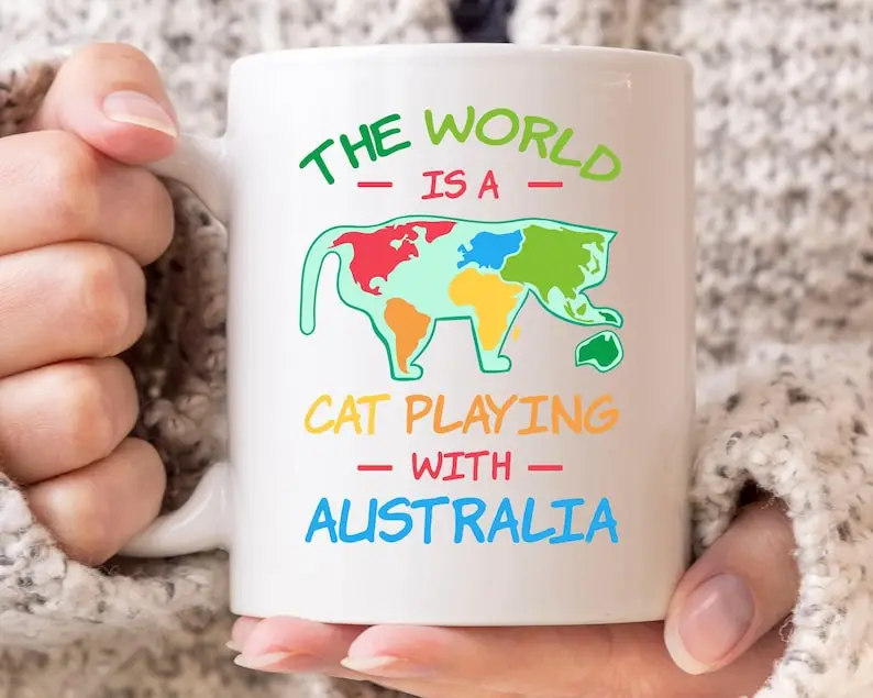 

The World Is A Cat Playing With Australia Mug, Funny Kitten Coffee Cup For Men And Women, Cute Kitty Lover Gift Idea For Cat Own