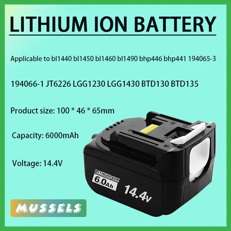 

6000mAh 14.4V lithium ion battery, used for Makita cordless power tool bl1460b bhp446 jt6225, etc. with indicator light