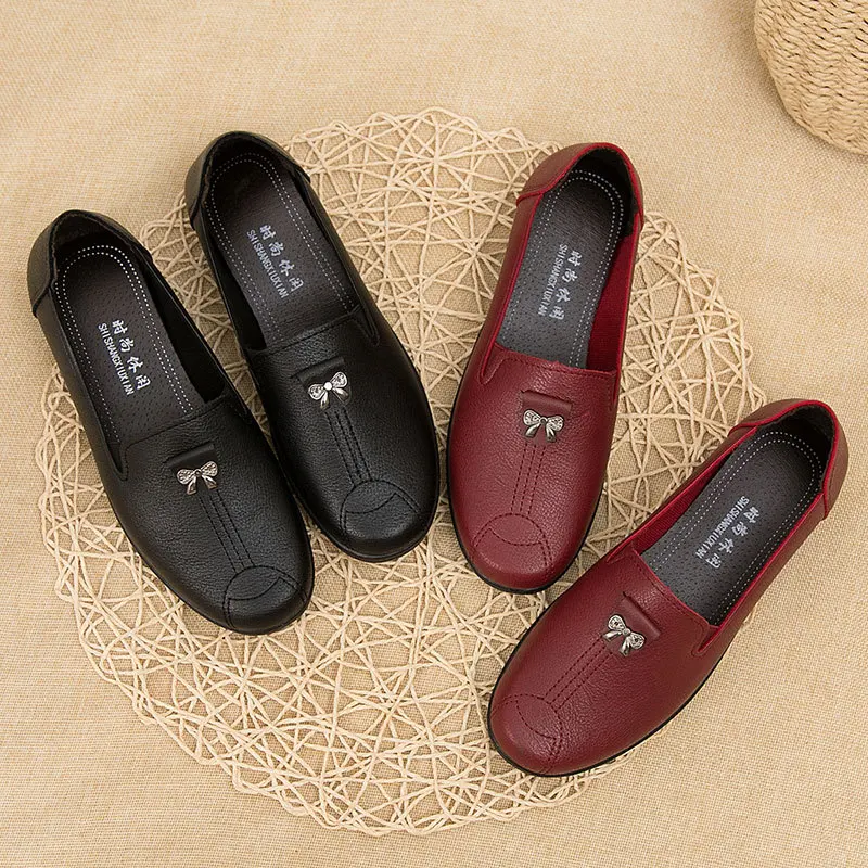 Fashion Leather Women Loafers Elegant Luxury Shoes Bowtie Flats Slip on Ladies Sewing Comfortable Mom Shoes Soft Sole Moccasins