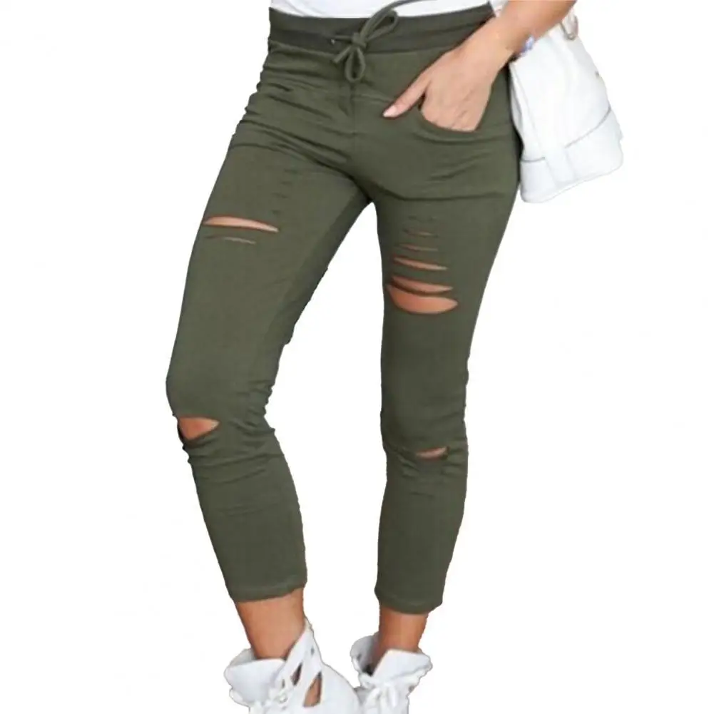 

Women Pants Solid Color Simple Drawstring Ripped Spring Leggings for Daily Wear