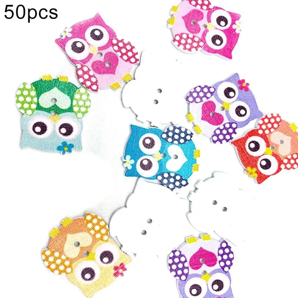

50Pcs DIY Scrapbooking Wood Button Cartoon Owl Pattern Bag Clothes Sewing Decor
