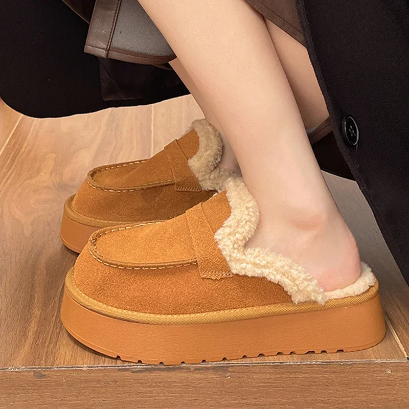 Женские хлопковые тапочки на платформе замшевые сабо плоской подошве зима 2024