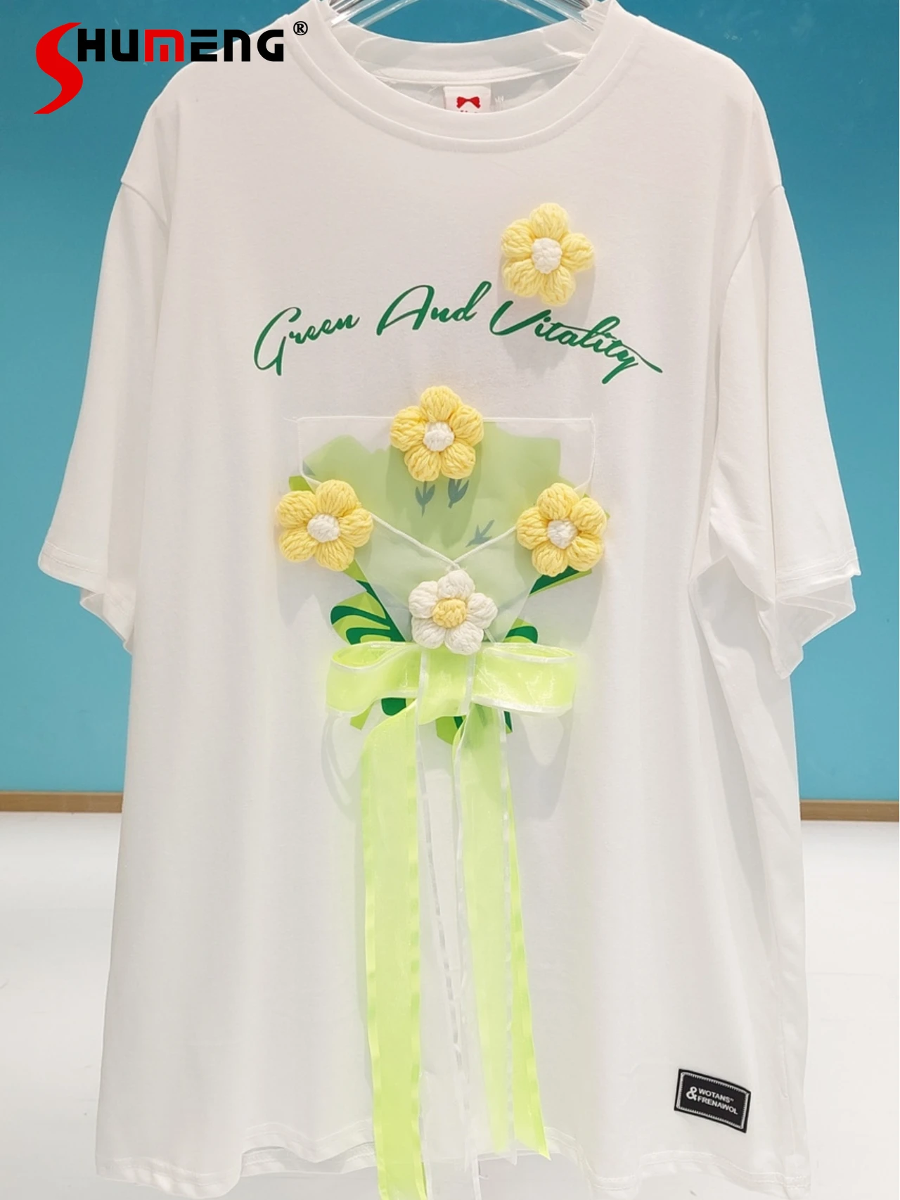

2022 Summer Simple Anti-Aging Korean Style Mid-length Tops Women's All-Match Round Neck 3D Bouquet Decoration Loose T-shirt