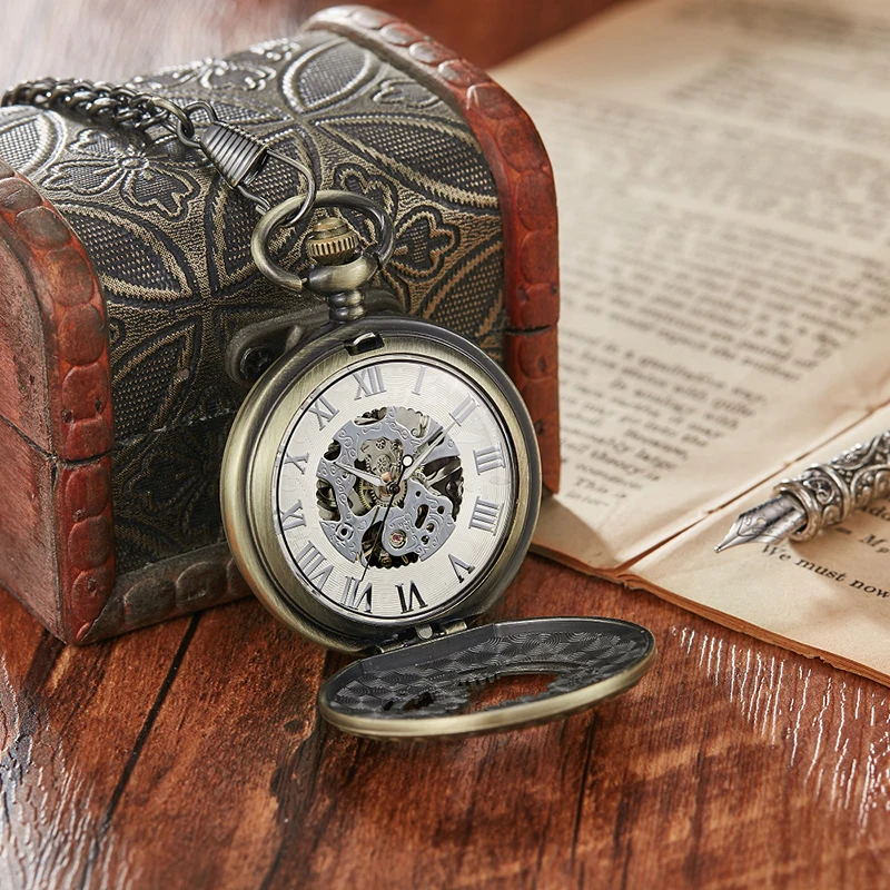 Luxury Gear Mechanical Clock Vintage Man Pocket Watch with Fob Chain Steampunk Skeleton Watches for Men Chinese Factory Pendant