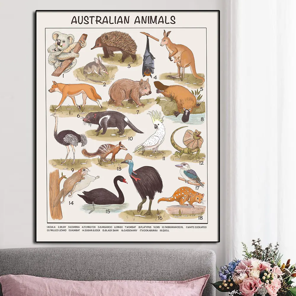 

Vintage Australian Animals Educational Canvas Painting Poster Print Montessori Picture For Living Room Classroom Decoration Gift