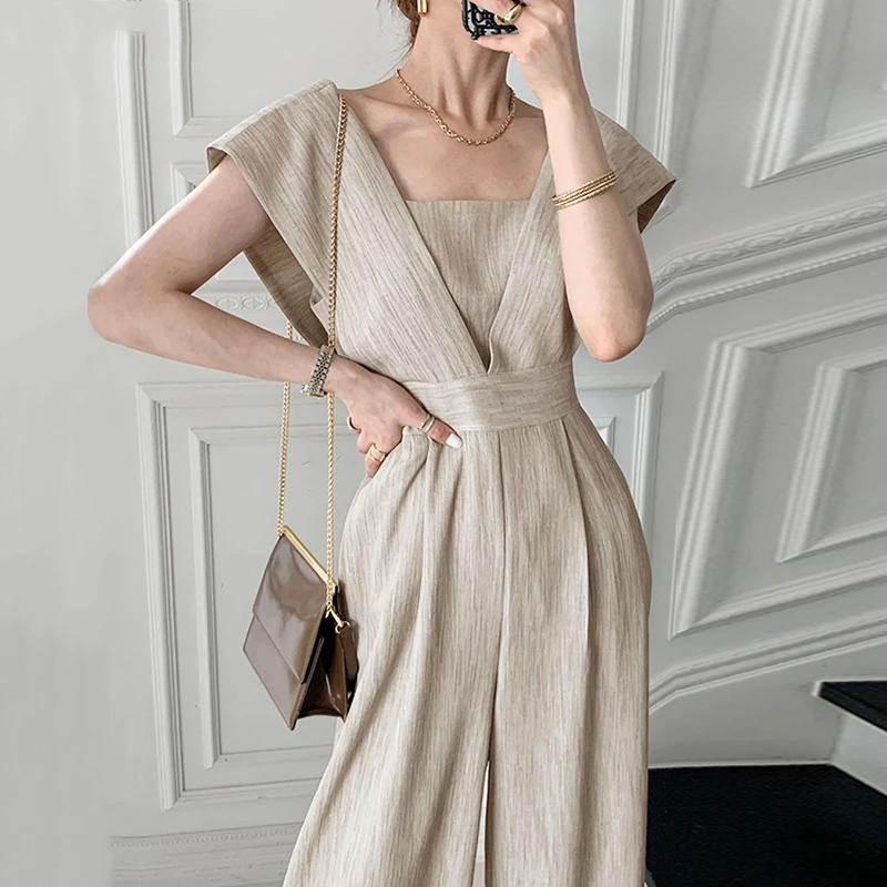 

Summer Sexy Overalls For Women Sleeveless Loose Wide Leg Pants Rompers Casual Jumpsuits Vintage Office Lady Combinaison Femme