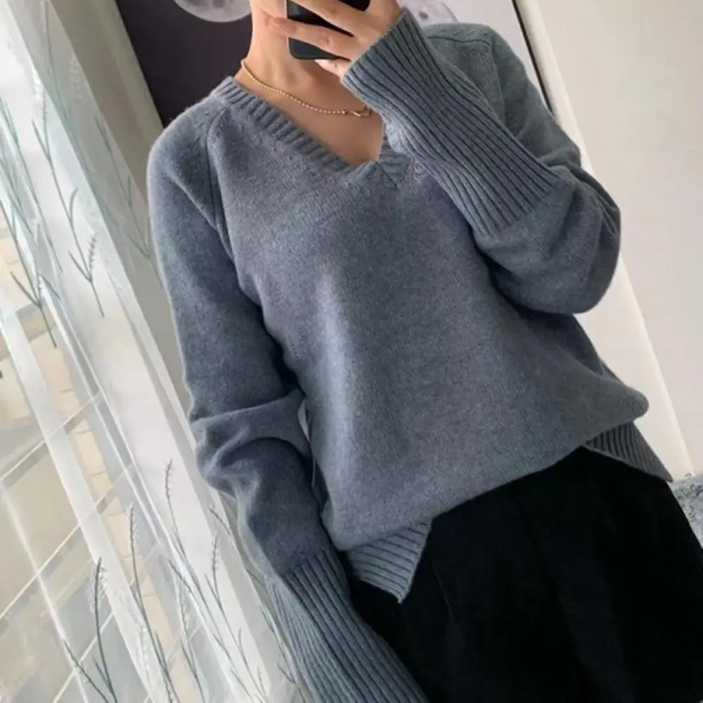 

Women Back Letters Sweater 100% Cashmere V-Neck Loose Autumn Winter 2022 Ladies Knitted Pullovers Tops Casual All-Match Knitwear