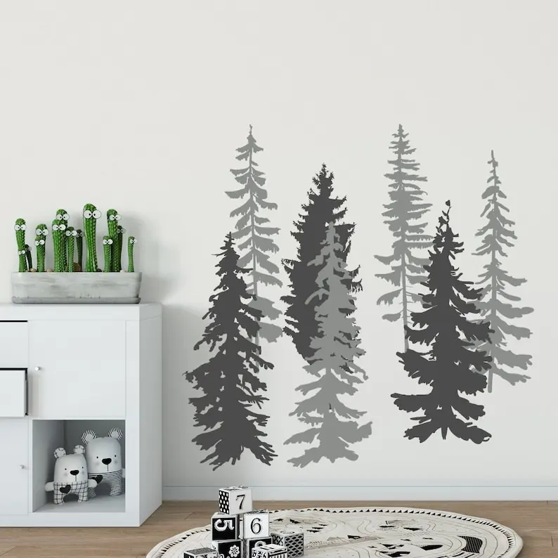 

Pine Tree Forest Wall Decal - Set of 7 Trees Woodland Nursery Decal - 2 Color Tree Decals - Woodland Nursery Decor - Children's
