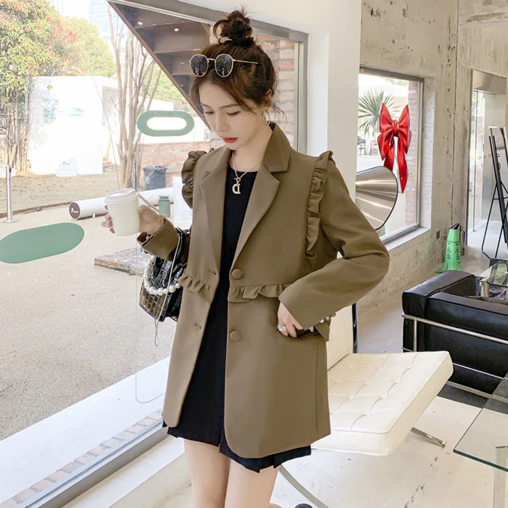 

Early Autumn Casual Blazer Women's Korean Fashion Clothing Ruffles Stitching Loose Suit Ladies Elegant Solid Outwear Female Chic