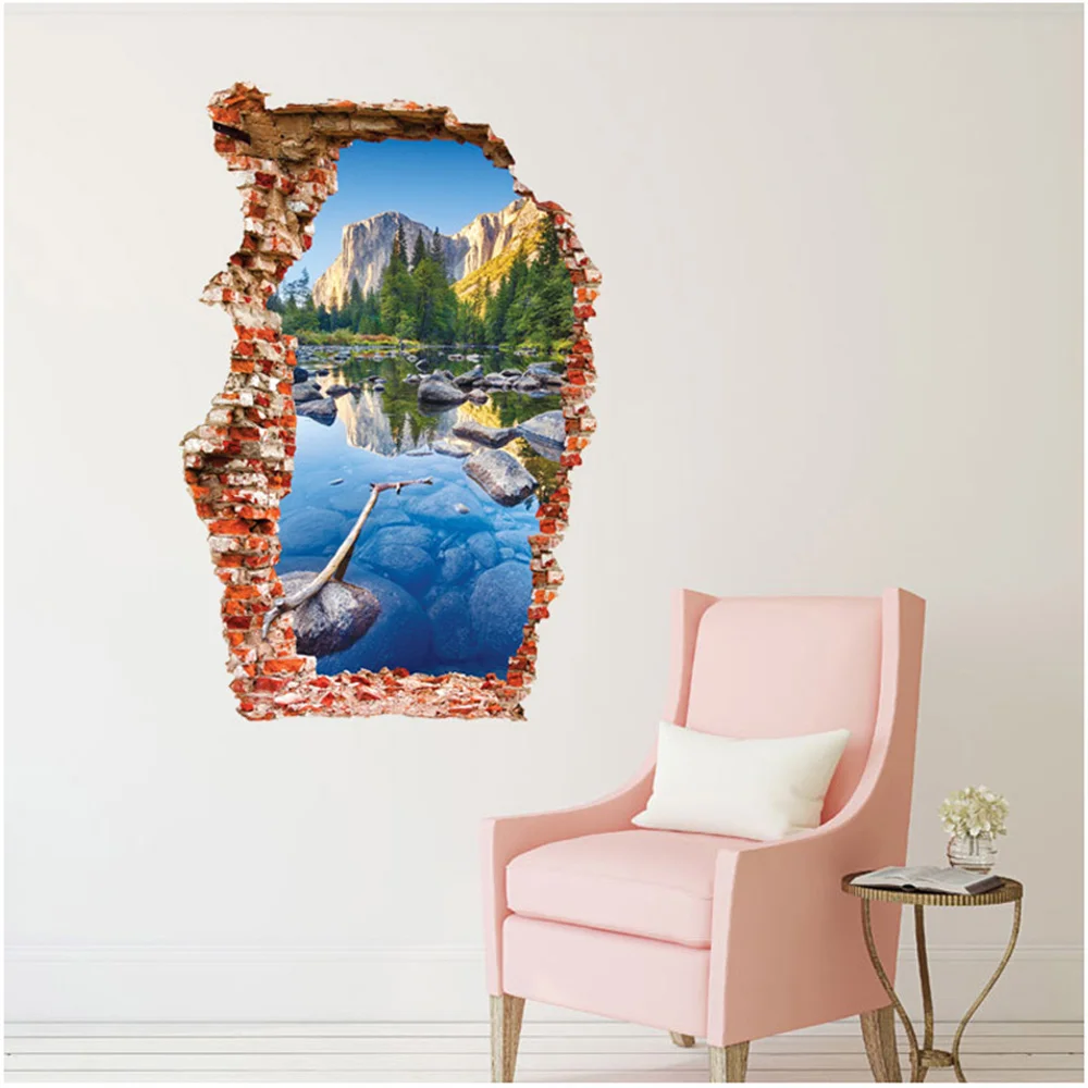 

Breaken 3D Colorful Wall stickers Pond Home Decor Living Room Mountain Landscape Background Broken Hole Door Sticker