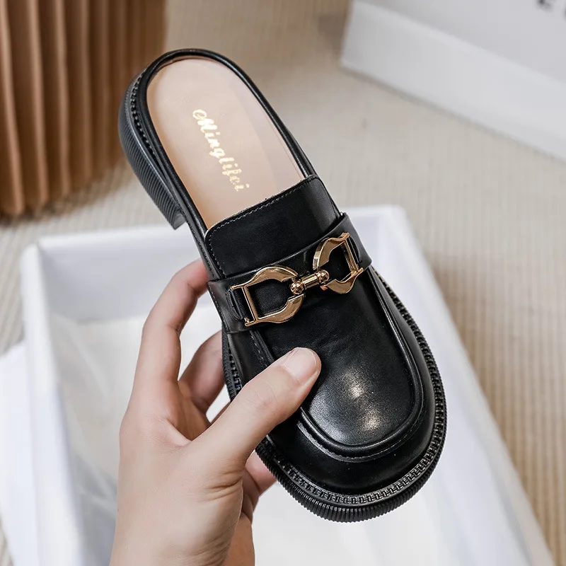2023 New Women's Summer Med Heel Round Toe Shoes Flat Lazy Leather Shoes Outdoor Half Slippers Large Size  41 To 43 Half Pumps