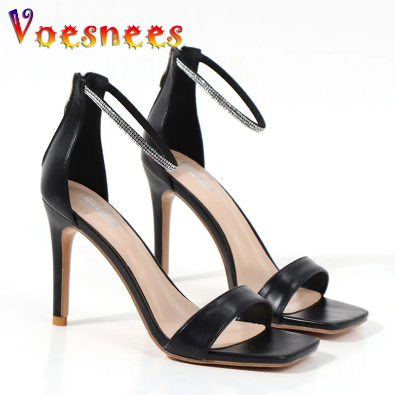 

2022 Summer New Temperament Ladies Zipper Fine Heel Shoes Fashion Bright Diamond Ankle Band High Heels Women Square End Sandals