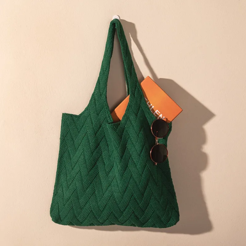 

IMone Korean New Chic Knitted Shopping Bag Leisure Large Capacity Portable Shoulder Bag Woven Vest Woolen Bag for Women