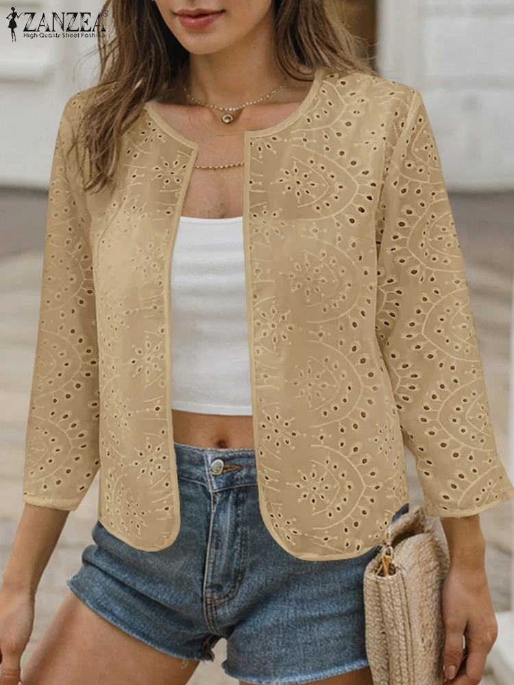 ZANZEA женский кардиган топы с круглым вырезом 2024 модные рубашки рукавами 3/4 ажурные