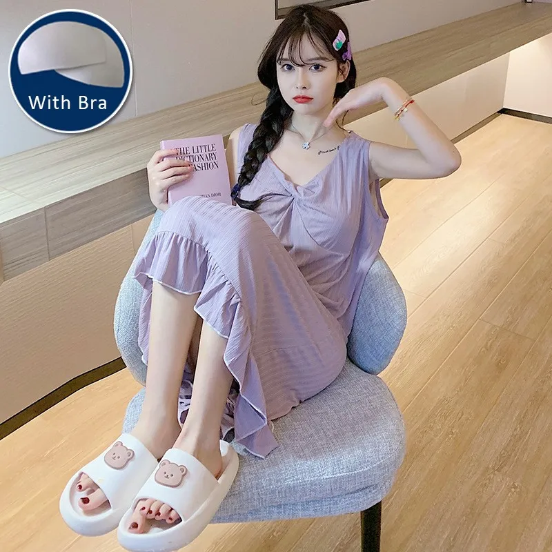 

Sleepwear Women Loose Sleeveless Night Dress With Bra Lingerie Nightgown Sweet Casual Women's Nightwear Summer New Woman Dresses